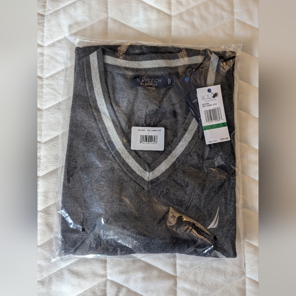 Nautica Mens Sweater Vest - Pullover - V-Neck - Sleeveless - NavTech - Grey